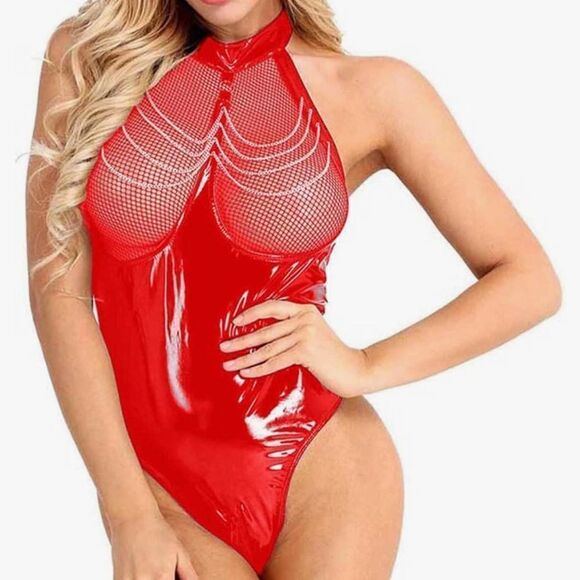 New Wet Look Patent Leather Red Bodysuit Zipper Catsuit Open Crotch Ling… - Picture 1 of 16
